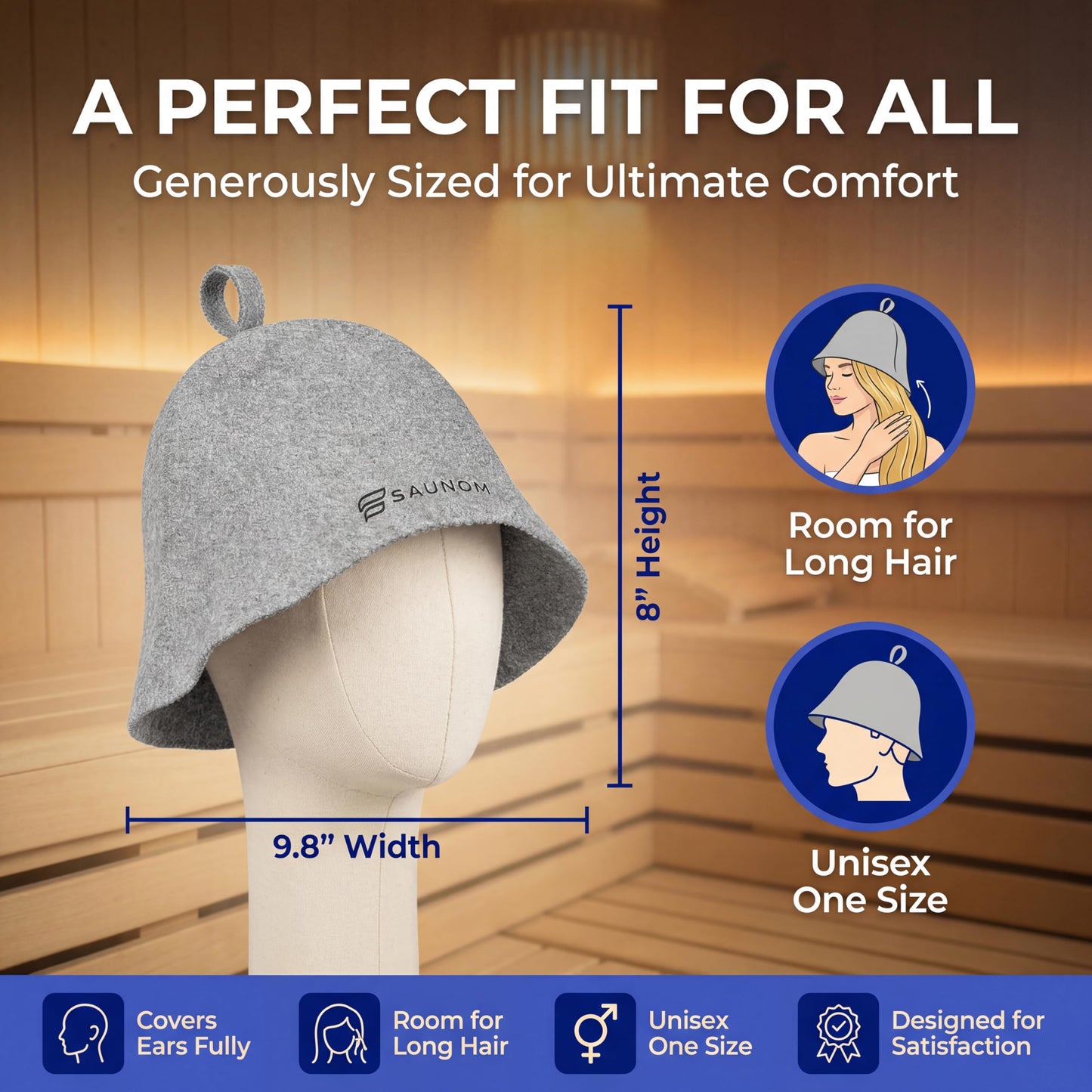 SAUNOM Premium Ultra Soft Grey Sauna Hat for Women and Men — 100% Natural Wool — Ultra Soft, Breathable, Itch-Free and Odor Resistant Sauna Cap