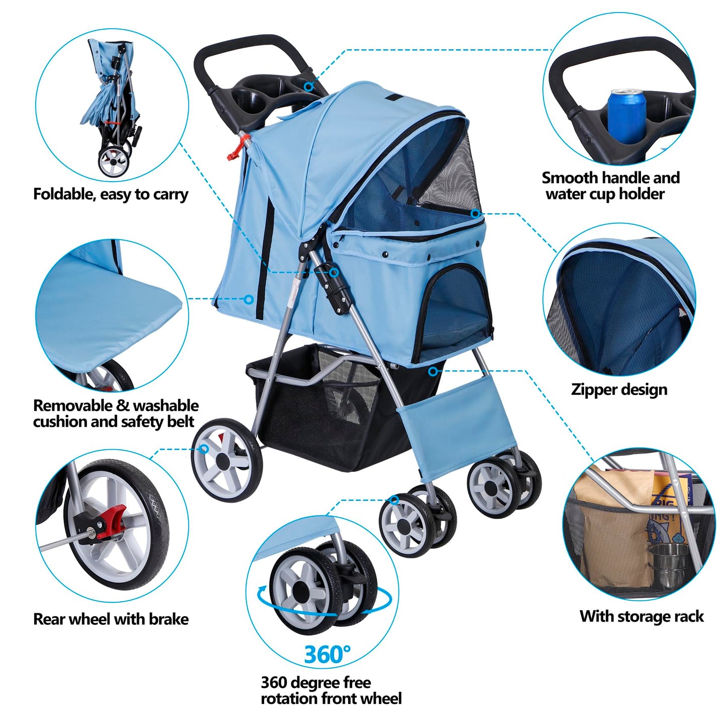 4 Wheels Pet Stroller, Foldable Dog Cat Stroller for Small Medium Dogs Cats, Travel Carrier with Storage Basket and Cup Holder, Waterproof and Lightweight (Blue)