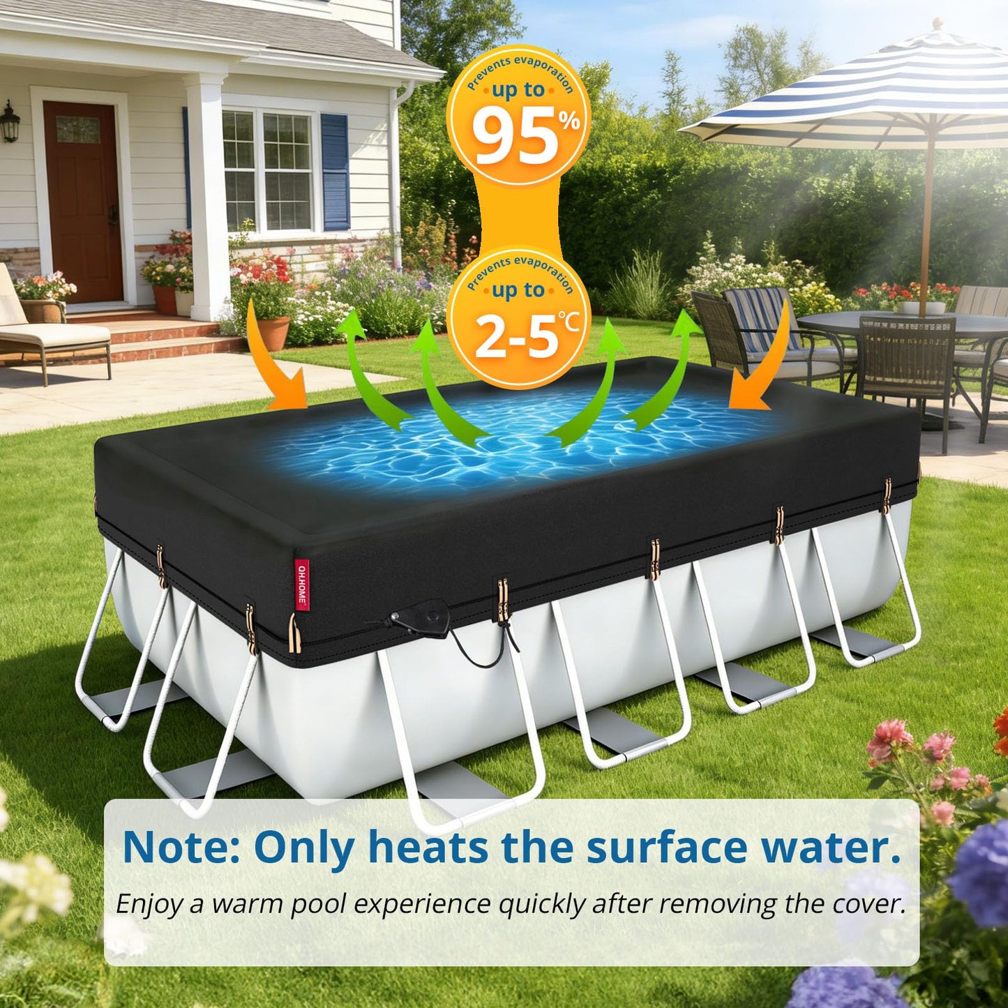 QH.HOME 8x16ft Rectangular Pool Cover,[Ultimate Windproof & Tear-Resistant Fabric],Snug Fit with Patented Ratchet & Weight Rings,Solar Pool Cover for Above Ground Pools, Blocks Leaves &Waterproof