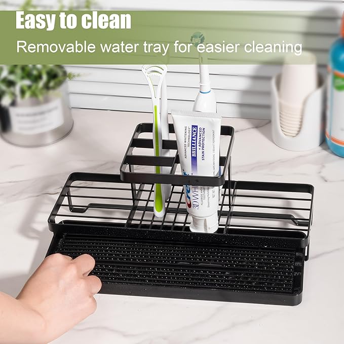 Toothbrush Holders for Bathrooms, Carbon Steel Tooth Brushing Holder Electric Toothbrush and Toothpaste Organizer Bathroom Accessories for Countertop, Shower, Sink, 5 Slots, Matte Black