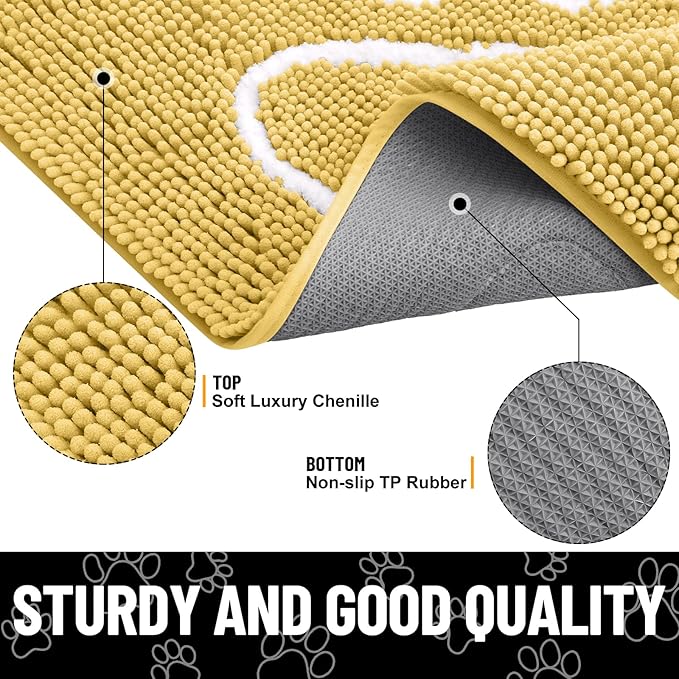Smiry Dog Door Mat for Muddy Paws, Absorbent Dirt Trapper Non Slip Quick Dry Washable Chenille Mat for Mud Dogs, Entry Rug for Indoor and Outdoor (30x20 Inches, Yellow and White)