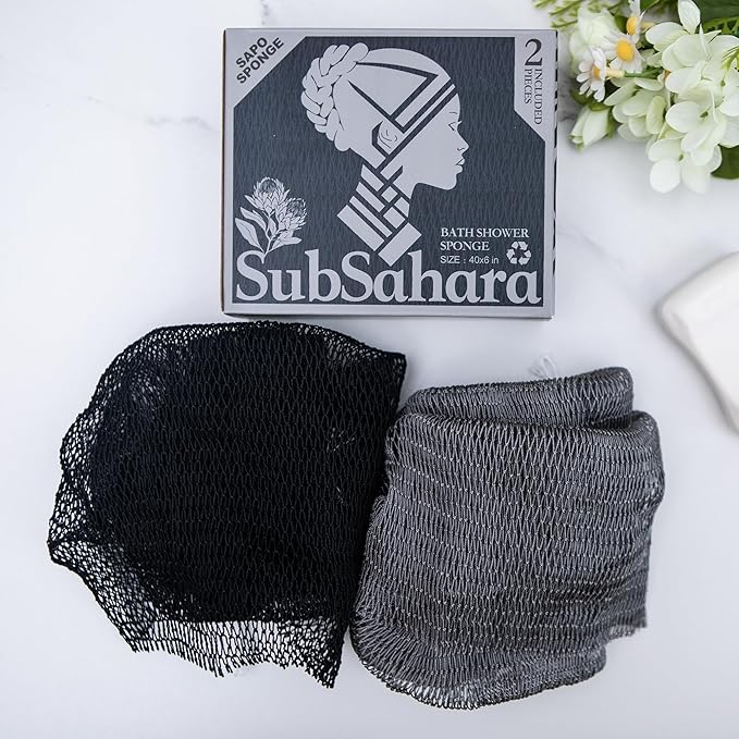 SubSahara Authentic African Net Sponge - 2 Pack Exfoliating Bath & Shower Loofah Sponge for Body & Face, Gentle Scrubber for All Skin Types, Travel, Durable (Black & Grey)