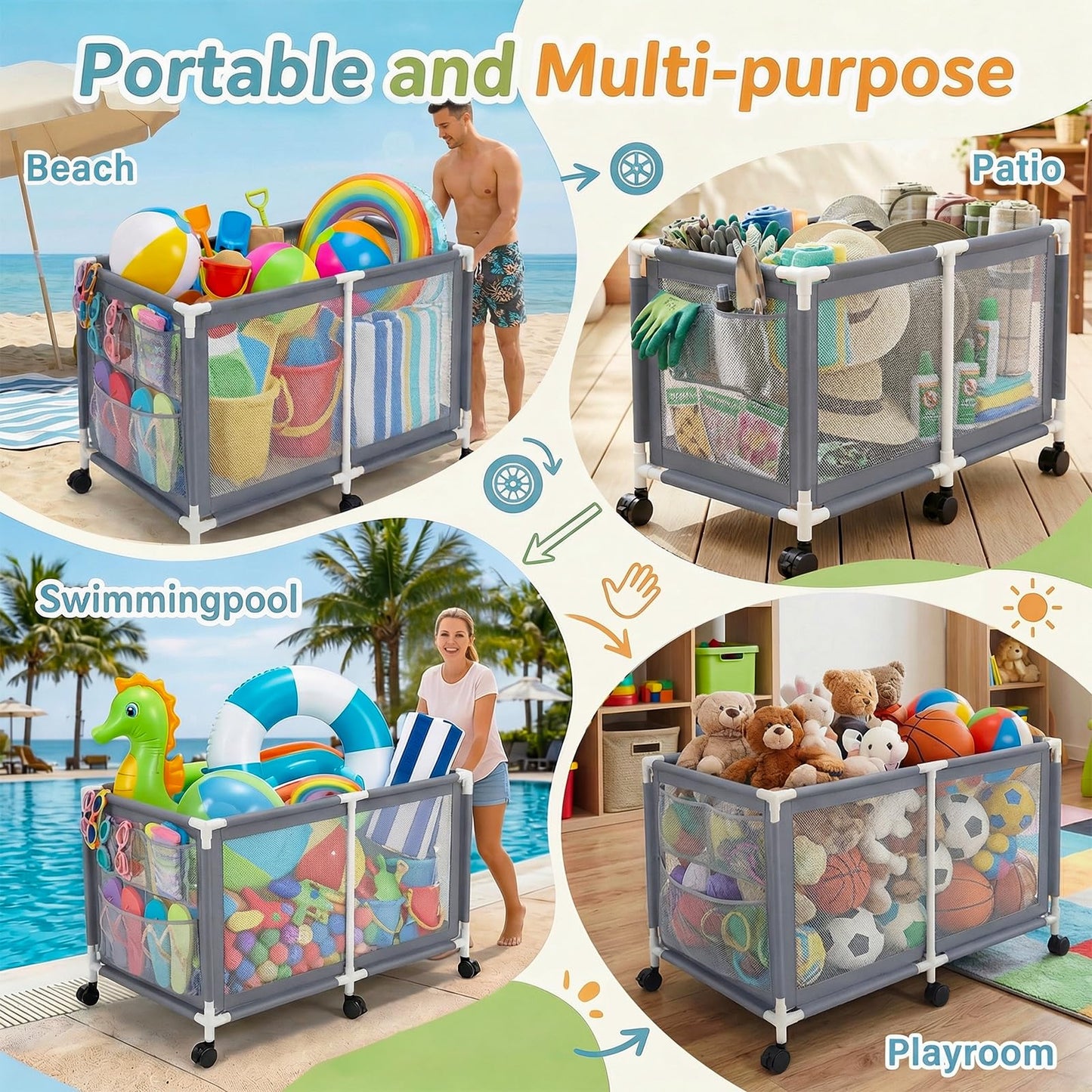 Extra Large Swimming Pool Storage Organizer Upgraded 280-Gallon Rolling Bin with Wheels Side Pockets Float Noodles Holder Mesh Cart for Pool Toys Swim Rings Surfboards Beach Gear Patio Yard Organizer