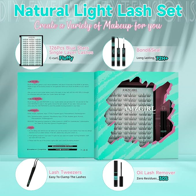 Lash Clusters Kit 126Pcs Eyelash Extensions Kit C Curl Glitter Eyelashes Cluster with Lash Bond and Seal,Lash Remover,Lash Tweezer For False Lashes Cluster Kit At Home(Blue Stars Kit-Single Glitter)