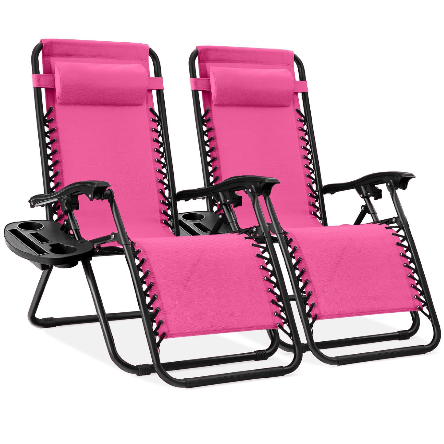 Best Choice Products Set of 2 Adjustable Steel Mesh Zero Gravity Lounge Chair Recliners w/Pillows and Cup Holder Trays - Hot Pink/Black