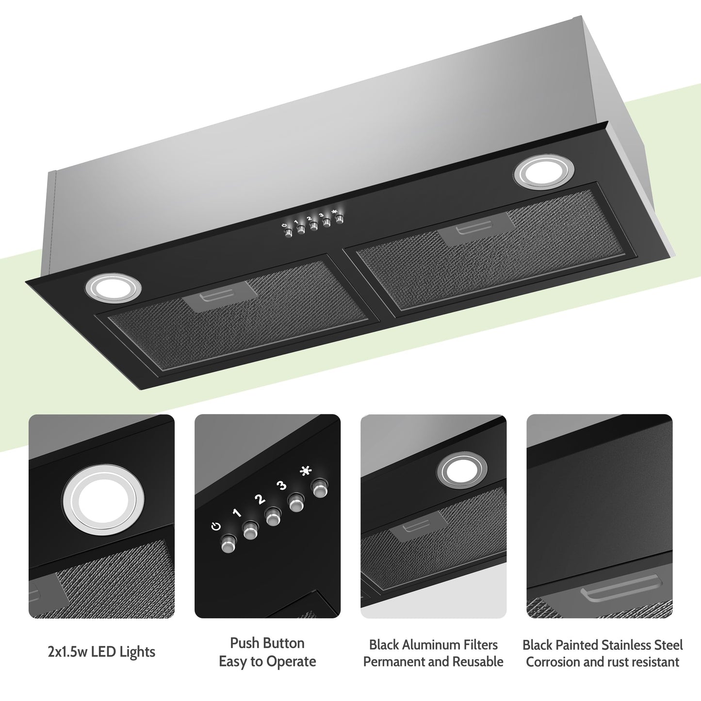 FIREGAS Black Range Hood 28 Inch, Built-in Kitchen Vent Hood with 450 CFM, 3 Speed Exhaust Fan, 2 LED Lights & Button Control, Ducted/Ductless Convertible