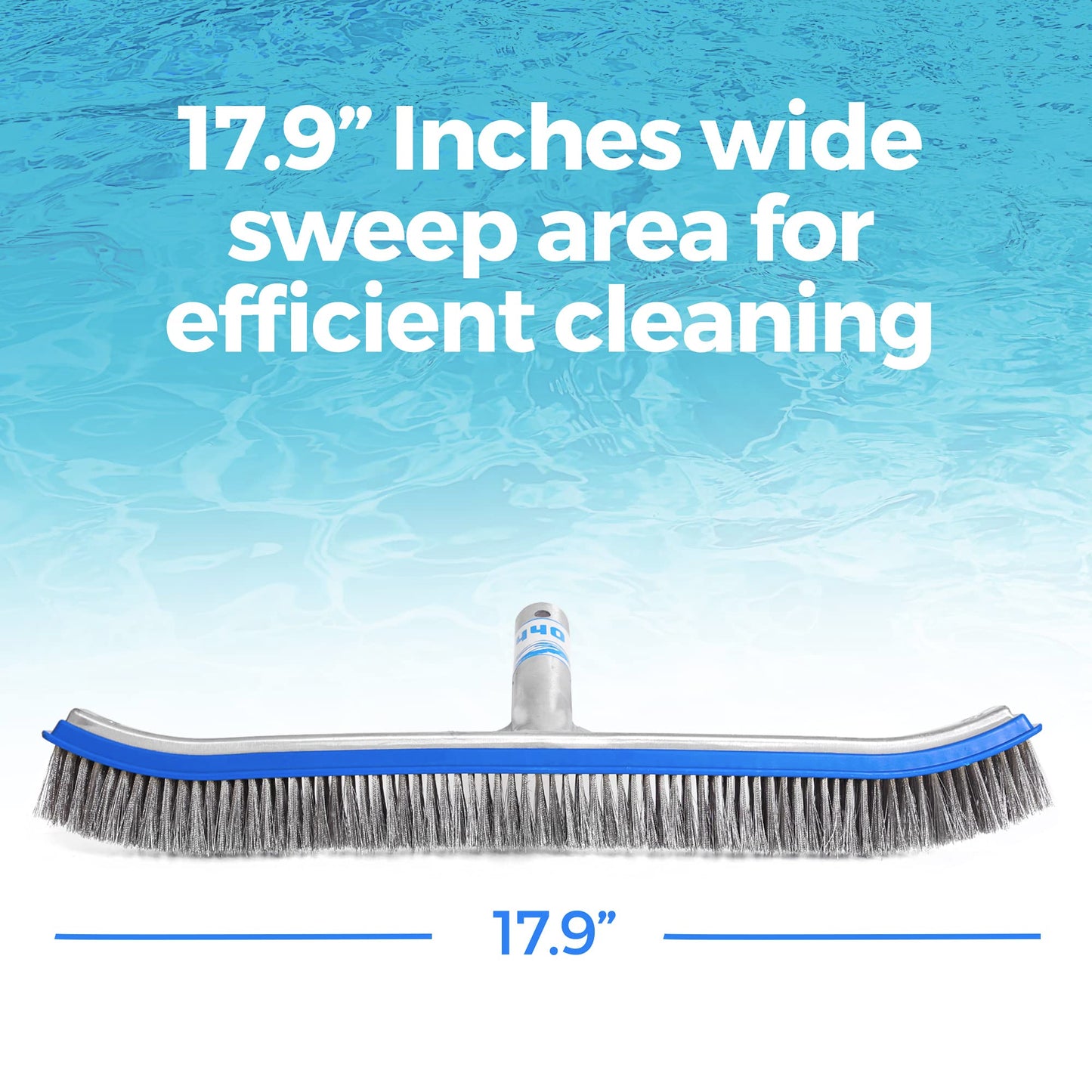 440 Heavy Duty Pool Brush - 18-inch Extra-Wide Metal Brush Head with Stainless Steel Wire Bristles & Curved Edges for Cleaning Pool Tiles, Walls, Floor, Steps (Stainless Steel)