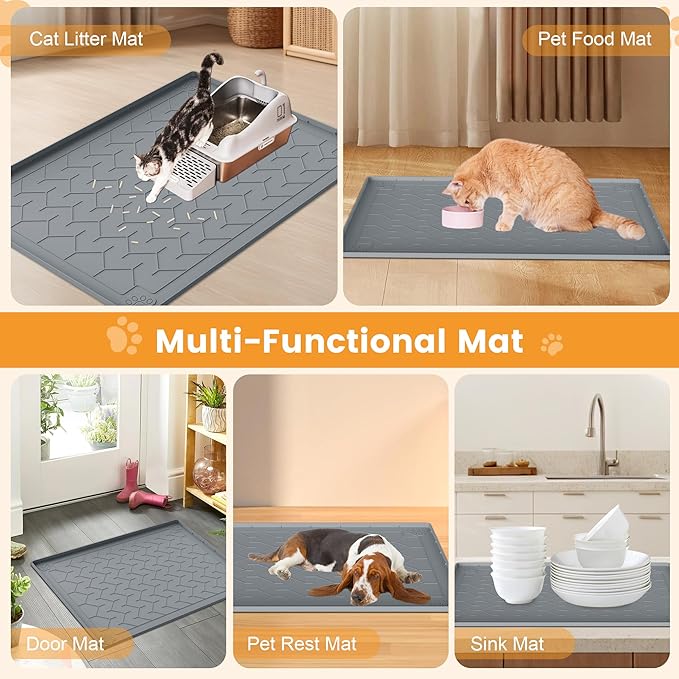 Cat Litter Mat, Extra Large 40"x28" Silicone Mat for Litter Box, Waterproof & Non-Slip Rubber Mat with Lip, Litter Trapping & Scatter Control, Soft on Cat Paws, Urine-Proof Floor Protector