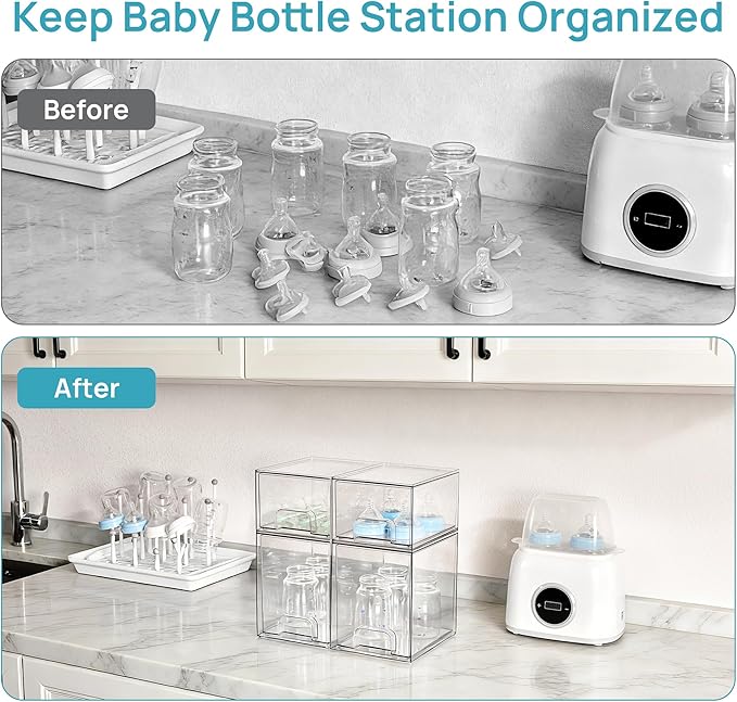 Vtopmart 4 Pack Clear Baby Bottle Organizer Set, Stackable Storage Drawers Ideal for Kichen Countertop, Vanity, Bathroom, Cabinet, Pantry Organization