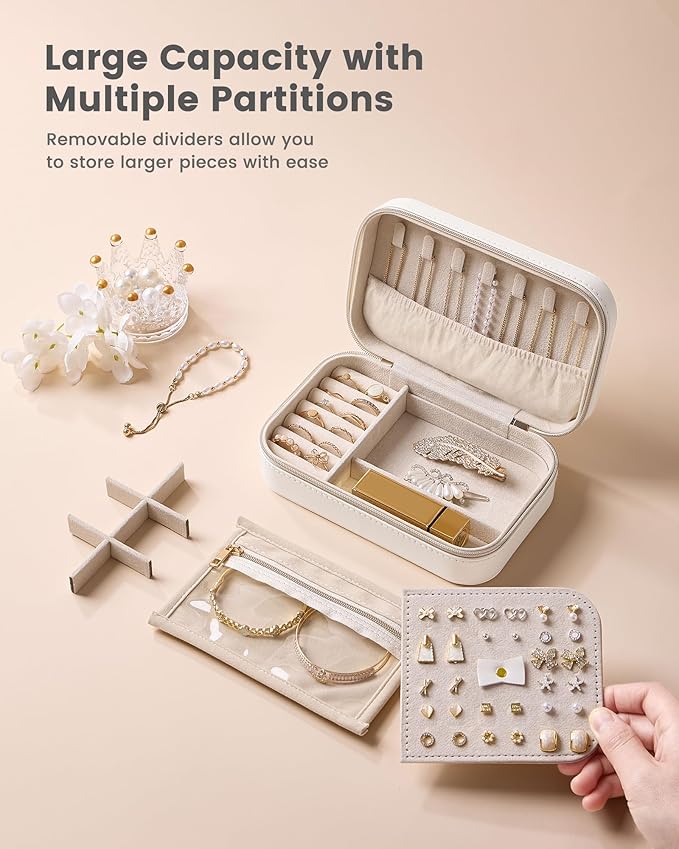 Lolalet Travel Jewelry Case for Women Girls, Travel Jewelry Organizer with Clear Storage Bag Small Portable Jewelry Box for Necklace Bracelet Earring Ring Birthday Bridesmaid Gifts -Medium/Beige