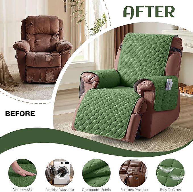 KinCam 100% Waterproof Recliner Chair Cover, Reclining Couch Covers for Pets, Dogs, Recliner Couch Slipcover Furniture Protector with Elastic Straps for Kids(28", Vine Green)