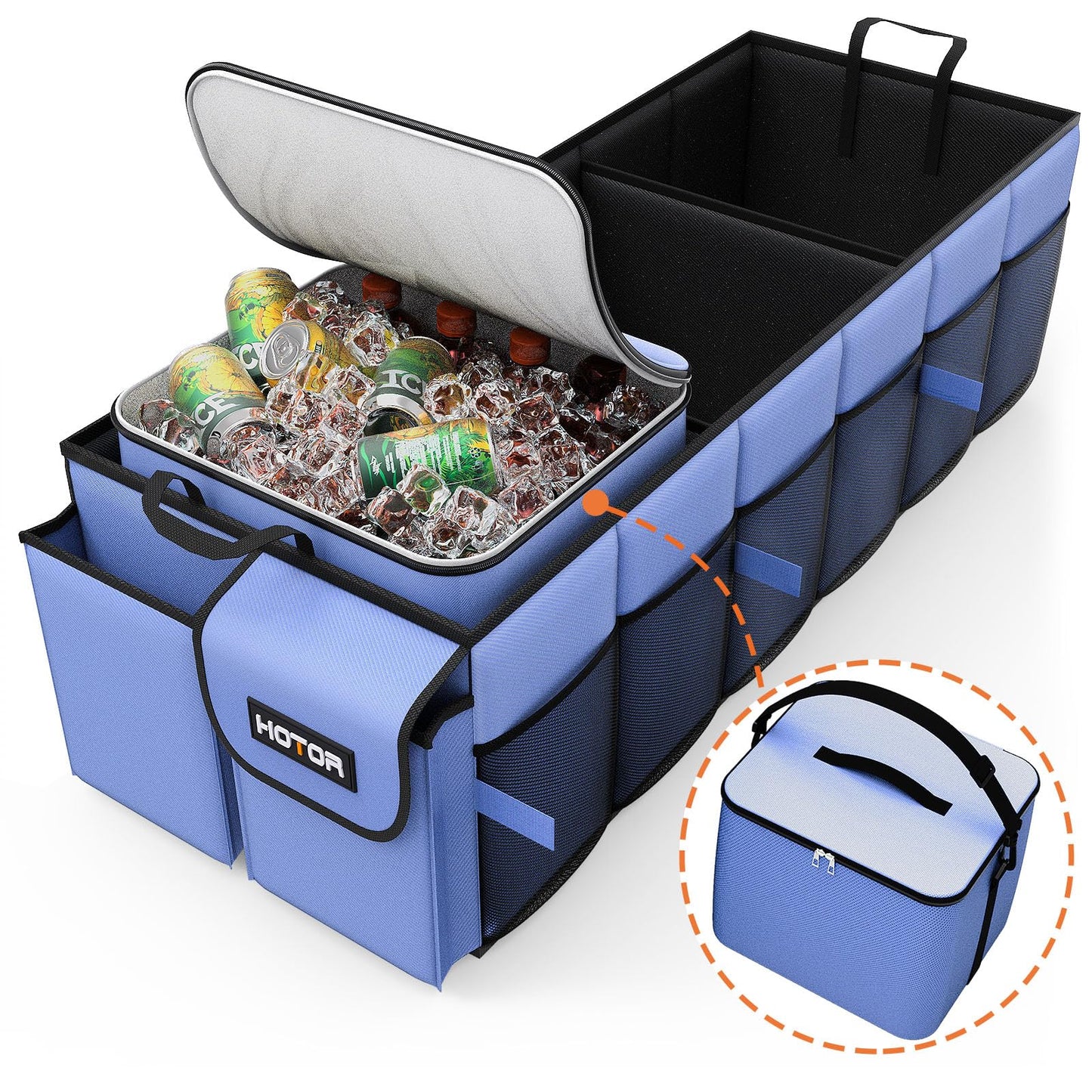 HOTOR Trunk Organizer, Sturdy Foldable with Cooler for Car & SUV, 3 Compartments, Blue, 30.90”×12.60”×10.63”