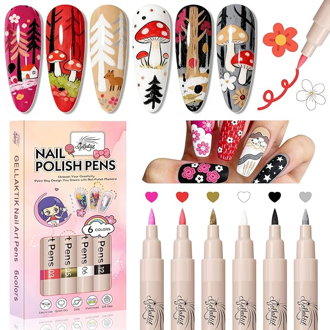6 Colors Nail Art Pens Set, 3D Nail Polish Pens Quick-Drying Acrylic Paint Markers, Dotting Liner Brush for DIY Nail Design, Home & Salon Manicure Tools