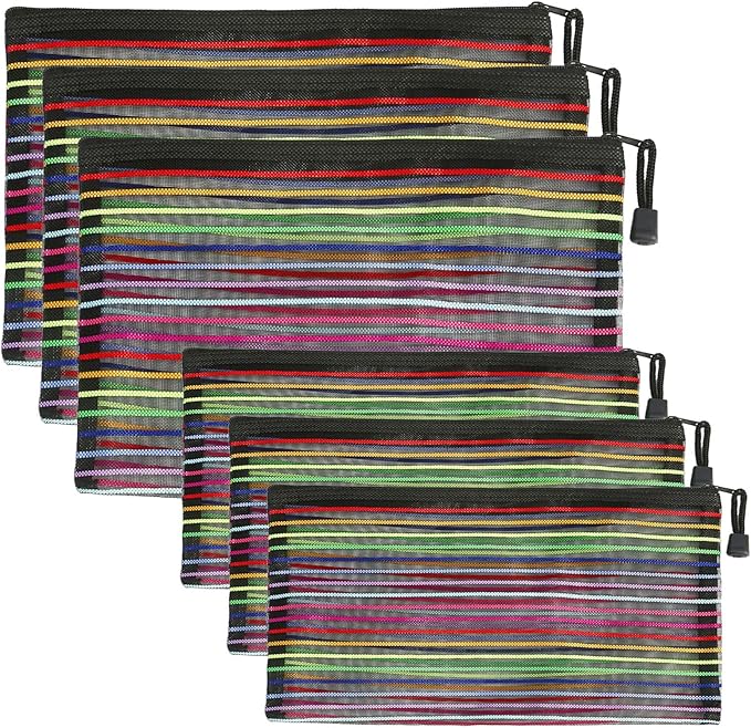 Mesh Bags with Zipper (6 Pack), Nylon Makeup Bag Cosmetic Pouches Travel Organizer Case for Purse Diaper Bag Home Organizing Striped Multi Size Black