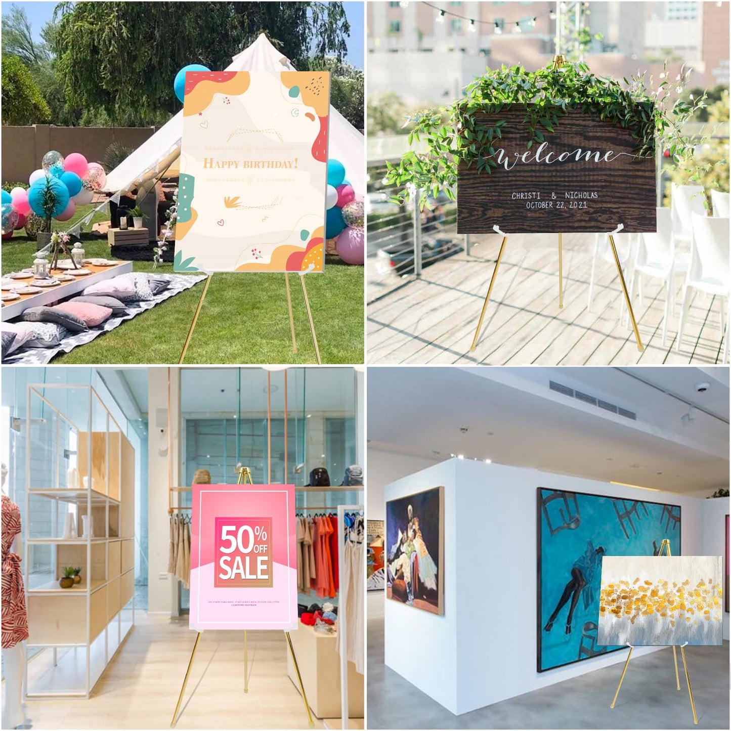 DANMO Easel Stand for Wedding Sign Poster 63'' Instant Display Floor Adjustable Metal Art Easel Gold