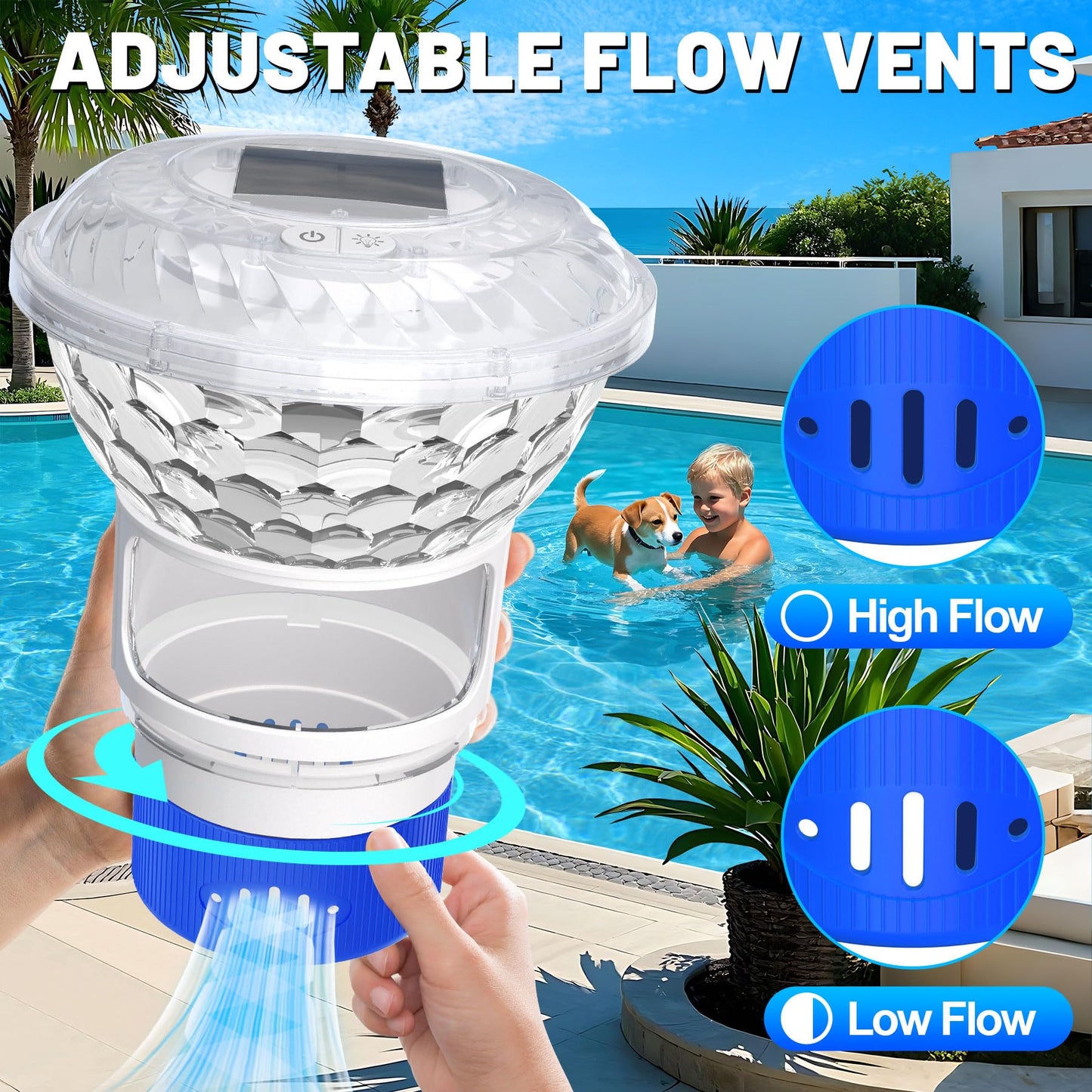 KingSom 2025 Upgrade Pool Chlorine Floater,Solar Chlorine Floater with Lights,Buttons Control Floating chlorines Dispenser for Pool,Adjustable Flow Chlorines floaters,Hot Tub Chlorines Floaters, Blue