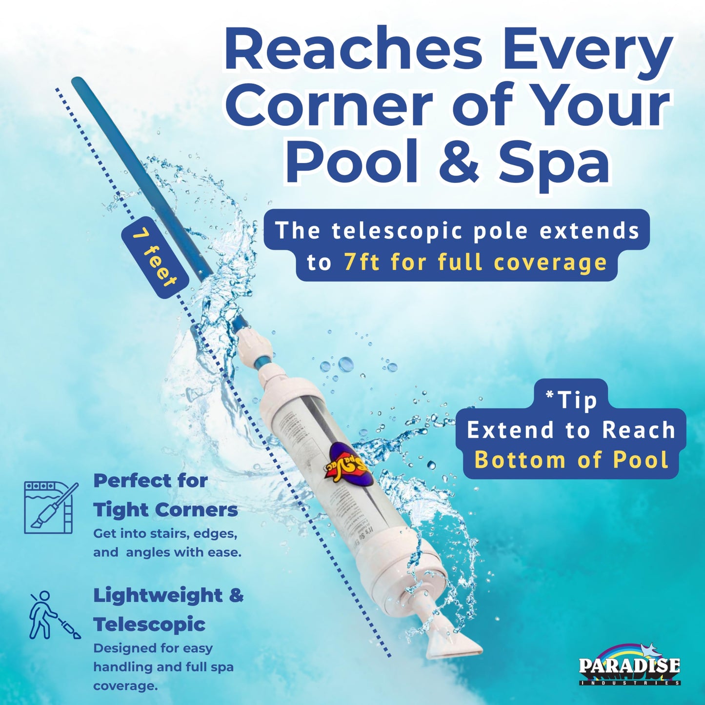 Rola-Chem 6250 Paradise Power Spa Vacuum – Manual Spa Vac for Hot Tub, Pool Stairs & Spas – Cordless Hot Tub Vacuum Cleaner with Telescopic Handle – Powered by Physics