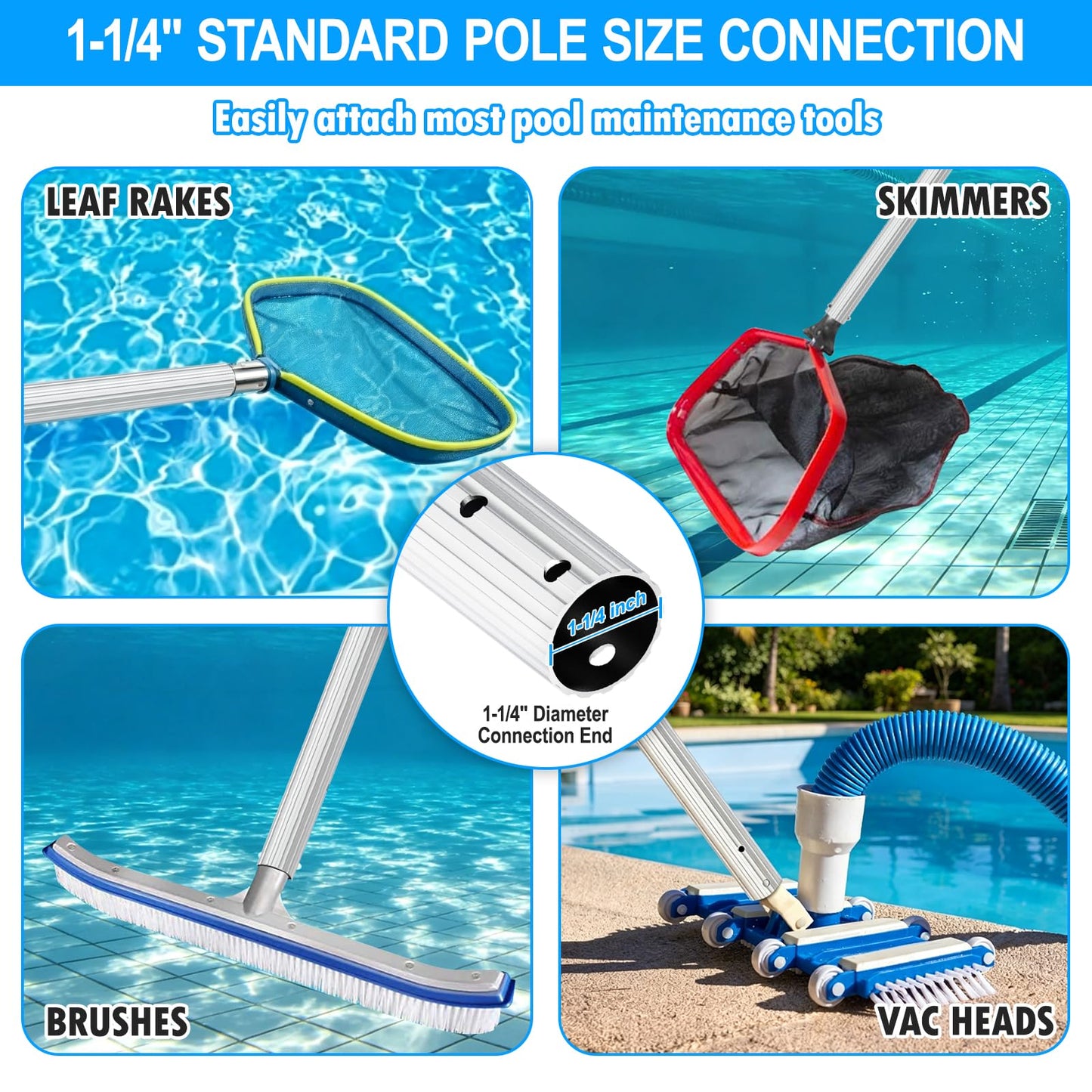 UPGRADED Pool Pole 15 Foot Telescopic Swimming Pool Poles,Telescopic Pool Cleaning Pole,Adjustable Professional Pole for Skimmer Net,Rake,Brush,Vacuum Head,Heavy Duty Aluminum Thicken 1.3mm Pole