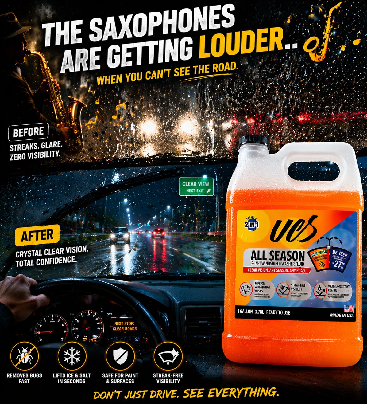 UCS Windshield Washer Fluid All Season -27°F, Freeze Protection, Water Repellent & Bug Remover, Streak-Free, 1 Gallon (128 fl oz)