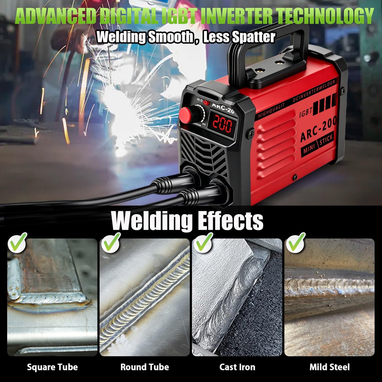 Hpoouo 200Amp 20PCS Rods Stick Welder, Super MINI Portable Welding Machine, IGBT Inverter Welder Machine 110V with Hot Start Arc Force Anti-Stick, for 1/16"-1/8" Rod ARC Welder, 2 Chip Hammers (Red)