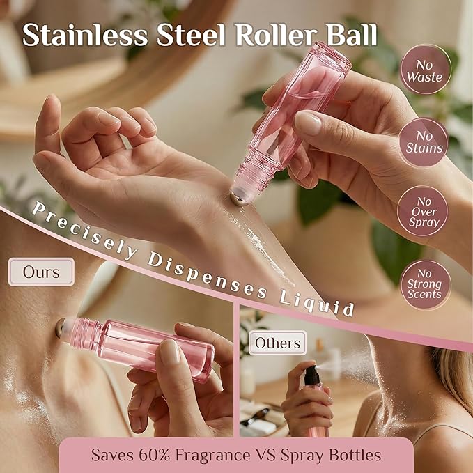 PrettyCare 4 Pack, 10 ml Essential Oil Roller Bottles with Stainless Steel Roller Ball - Refillable Leak-proof Empty Thick Pink Glass Roll on Bottles with Pink Caps for Travel, Perfume