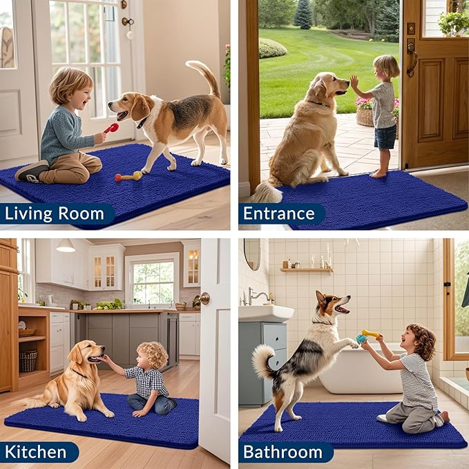 Smiry Dog Door Mat for Muddy Paws 59x35, Absorbs Moisture and Dirt Doormat, Non-Slip Washable Quick Dry Chenille Front Door Mat Indoor Entrance, Entryway Carpet for Inside Floor, Navy Blue