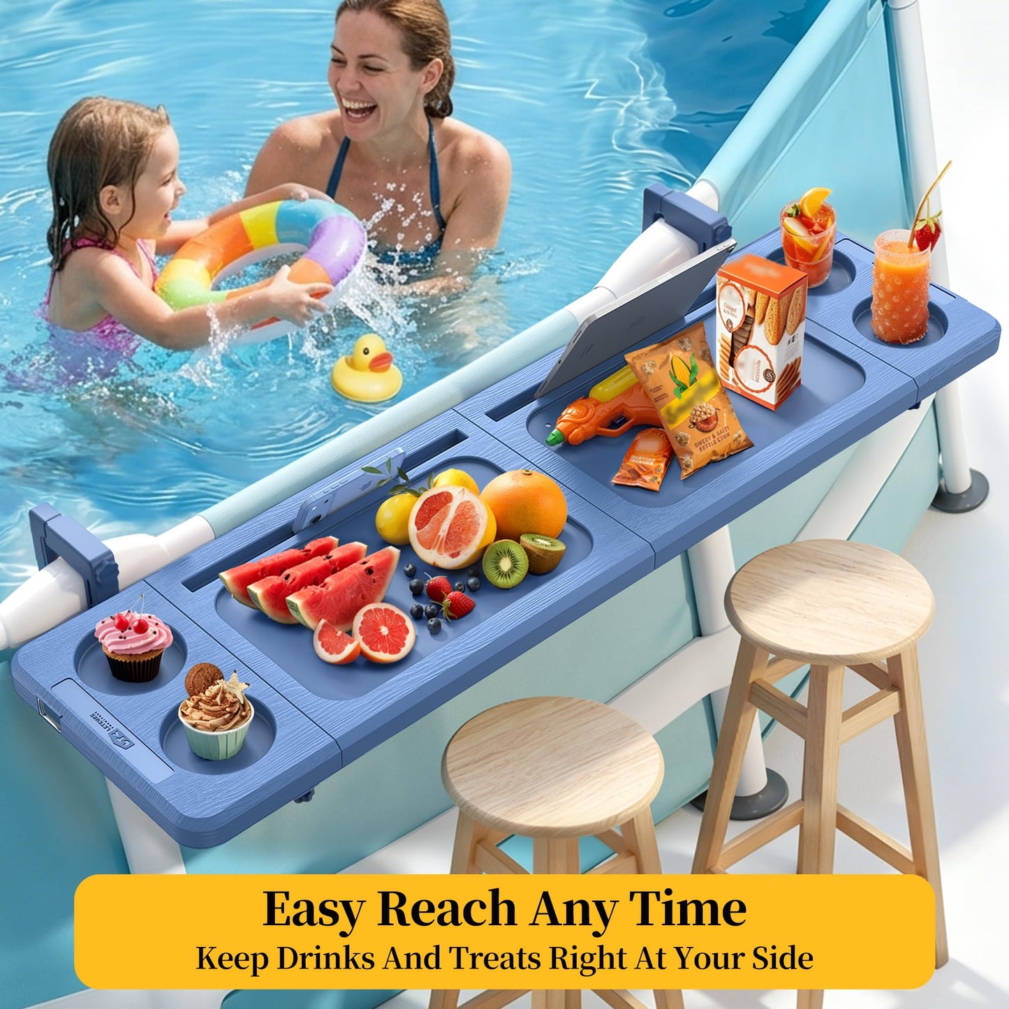 Poolside Bar, 44"×12" Poolside Bar Table with Adjustable Support Bracket Fits Above-ground Pools, Swim Up Bars Capacity Up to 110lbs, Patio Poolside Table Smart Fold ＆Weather Resistant Stable Tabletop
