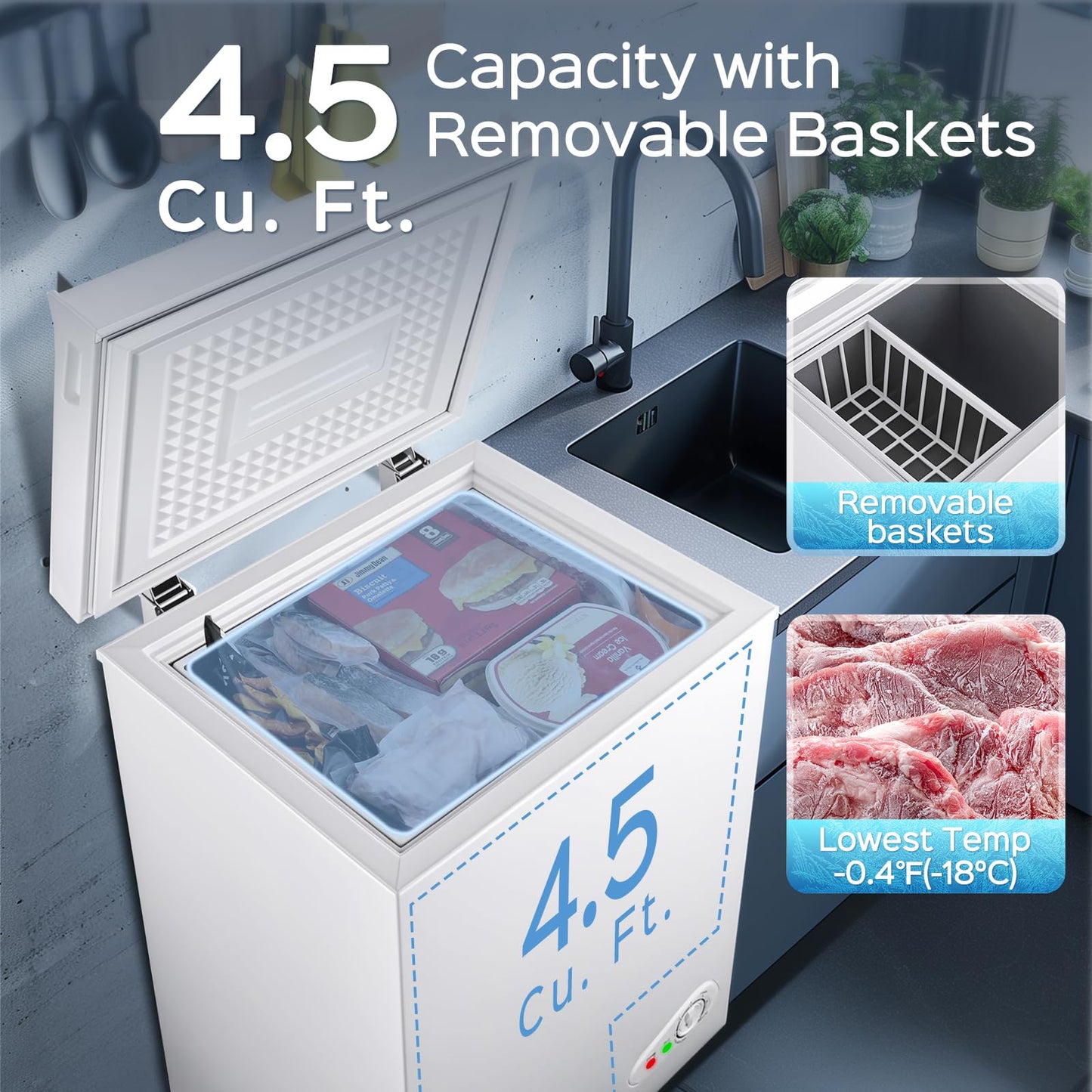 Anypro Chest Freezer 4.5 Cu.Ft, FreeStanding Top Door Compact Small Deep Mini Freezer with Removable Baskets, 7 Adjustable Temperatures for Garage Dorm Apartment RV Kitchen Business, White