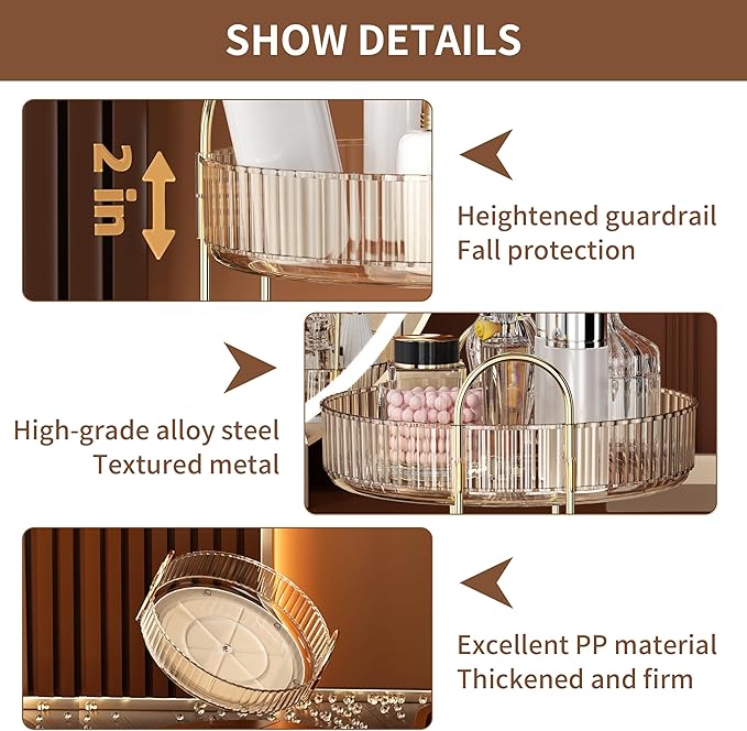 YCIA&DONE 360 Rotating Makeup Organizer and Storage for Vanity Countertop 2 Tiers, High Capacity Cosmetic Skincare Perfume Organizers for Dresser Bathroom Lazy Susan (Amber Gold)