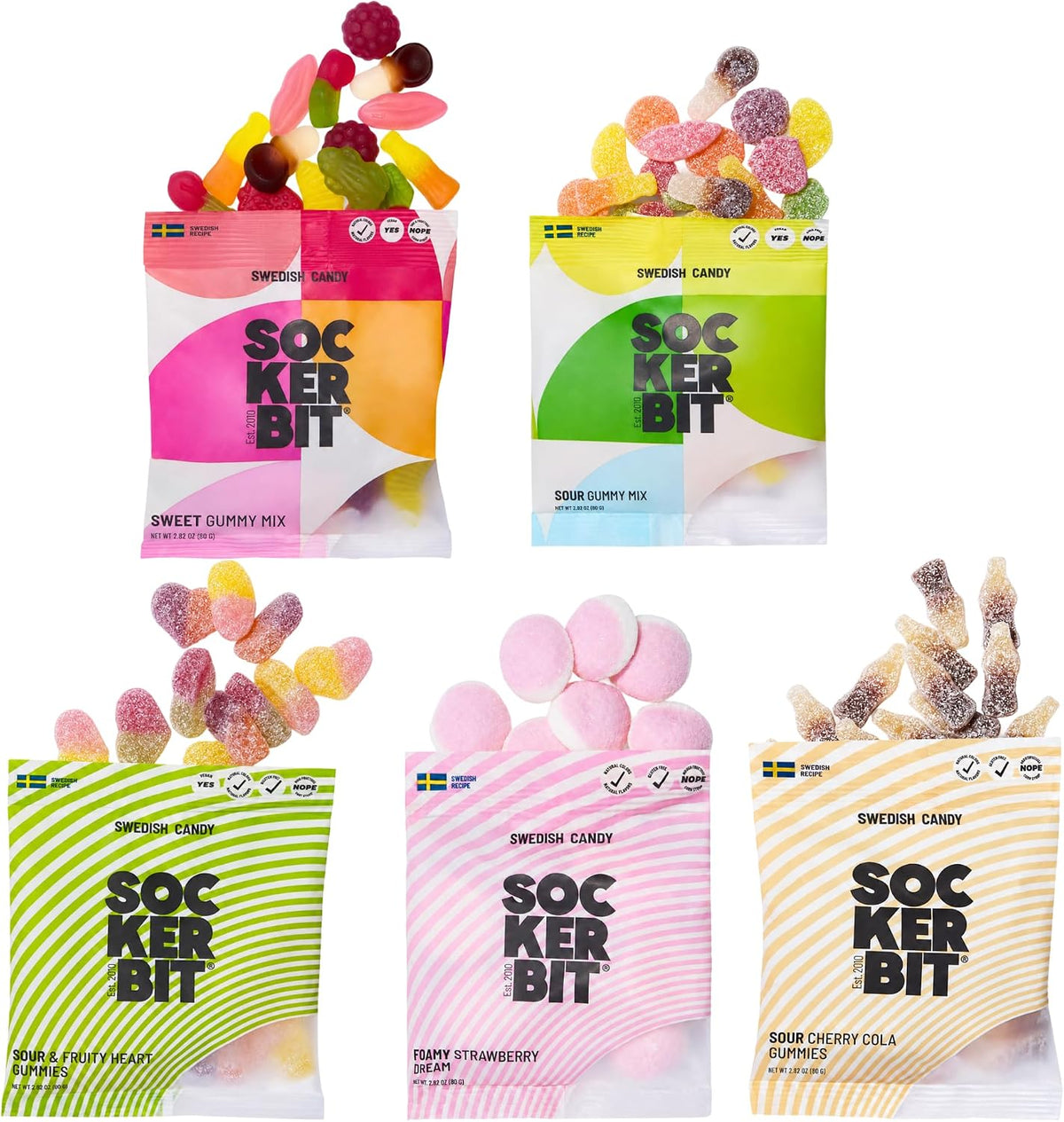 Sockerbit Swedish Candy Variety Pack, 5 Bags, Sweet & Sour Gummy Candy Mixes, Foamy Strawberry Dream, Sour Cherry Cola Bottles & Fruity Hearts, Vegan Options & Non GMO, 2.82oz Each Bag