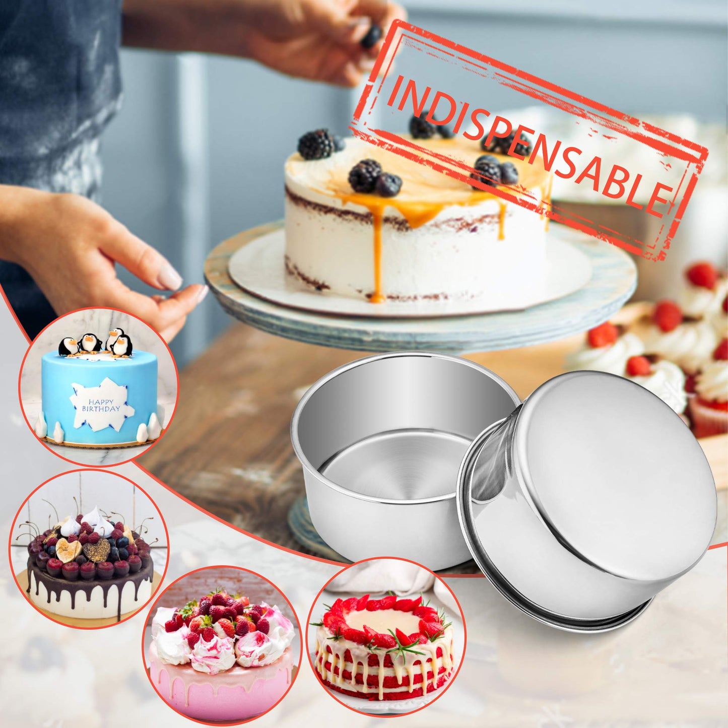 E-far Cake Pans Set of 3, 6 x 3 Inch Stainless Steel Round Cake Baking Pans Tins for Wedding Birthday, Deep Side & Non-toxic, Oven & Dishwasher Safe, Mirror Finish & Straight Side