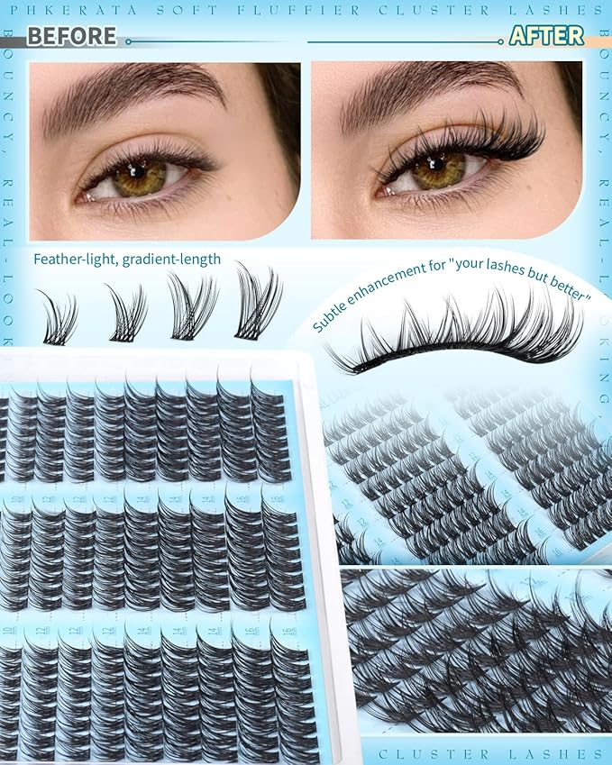 PHKERATA Eyelash Clusters Natural Lash Clusters Eyelash Extensions 240Pcs Wispy Cluster Lashes 10-16mm Lash Extension DIY Soft C Curly Individual Lashes with Thin Lash Band