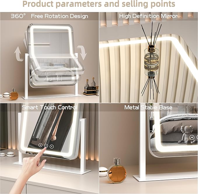 Vanity Mirror with Lights,13.1"×16.7"LED Makeup Mirror,Lighted Makeup Mirror with Lights, Smart Touch Control Dimmable 3 Modes Light, Lighted Up Mirror for Makeup Desk, Bedroom, Dressing Room