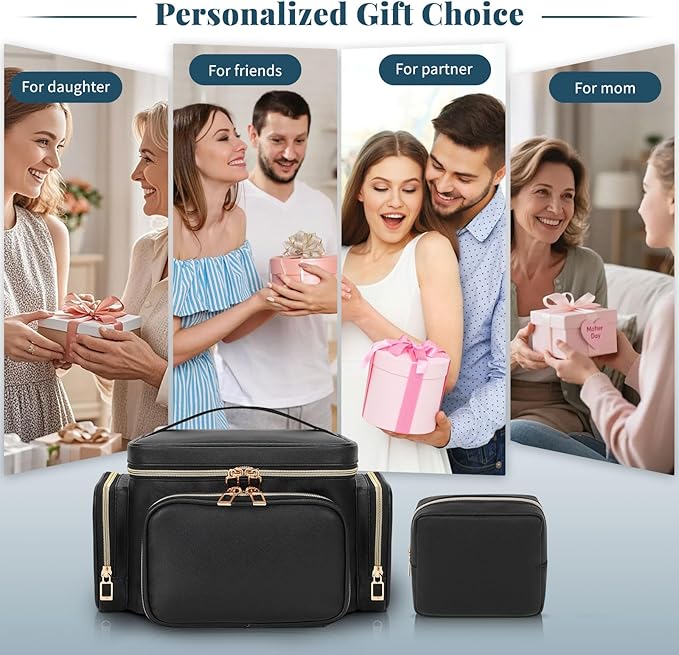 Makeup Bag, 2PCS Leather Large Travel Makeup Bag, Portable Waterproof Makeup Bag Organizer for Women with Makeup Brush Compartment, Cosmetic Travel Bag Vertical Storage Toiletry Bag, Black