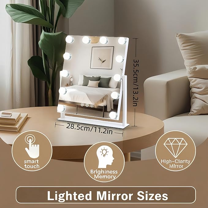 Vanity Mirror with Lights, 13'' x 11'' Lighted Makeup Mirror for Desk, Hollywood Mirror with 12 Dimmable Bulbs, 3 Color Modes, Smart Touch Control, 360°Rotation, Gifts for Women
