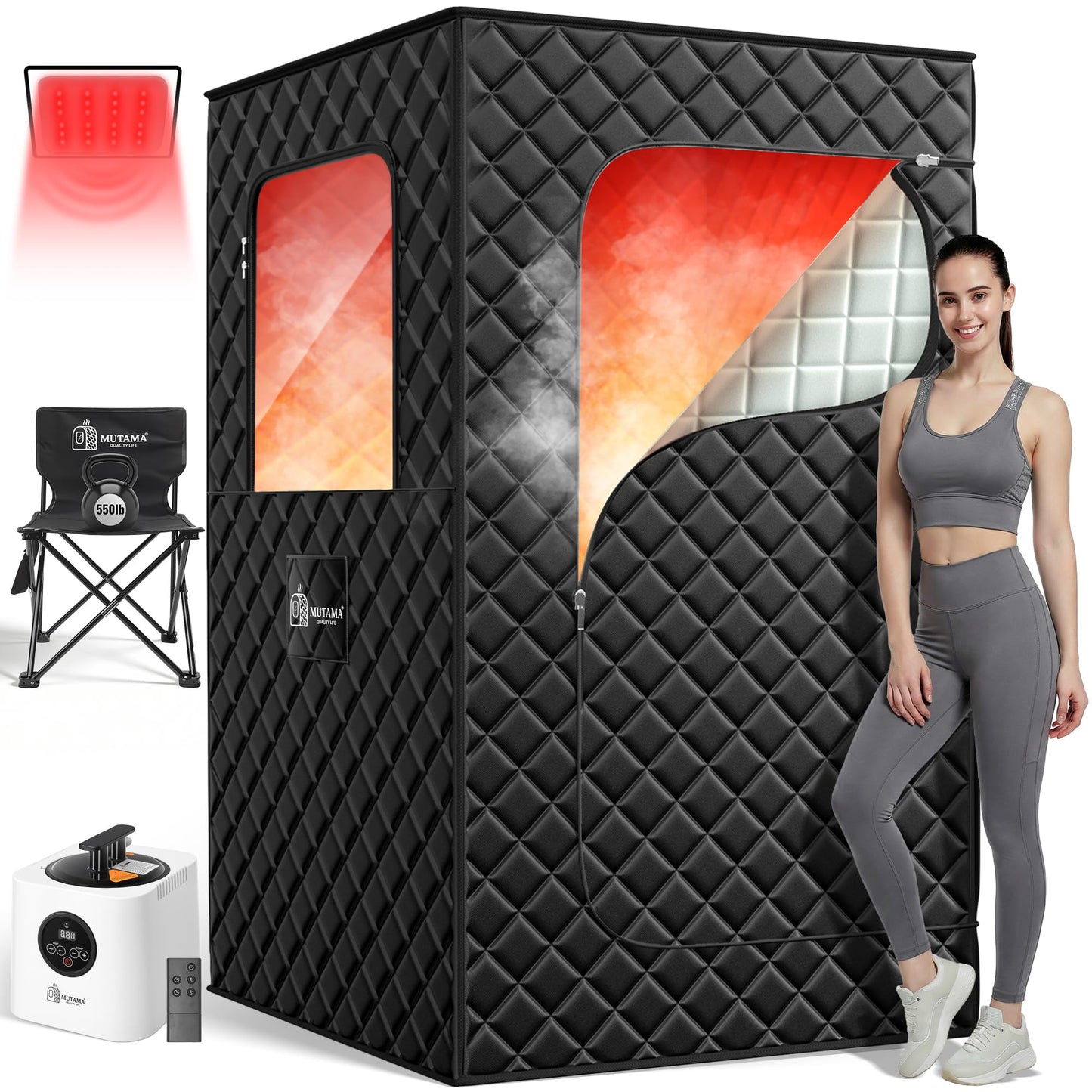 MUTAMA Sauna Box, 3L Portable Steam Sauna Tent for Home & Indoor Use, 1400w Personal Sauna Pod, Remote Control, Folding Chair, 15 Levels, 99-Min Timer,32" x 32" x 71"