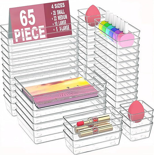 Drawer Organizers Set of 65, 4 Sizes Clear Plastic Drawer Organizers and Storage Bins for Kitchen, Bathroom, Office, Dresser Desk Drawer Organizer Tray for Jewelry, Makeup, Junk, Gadgets