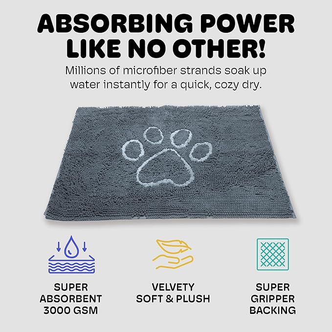 Dog Gone Smart Dirty Dog Doormat - Fast Drying Rug with Super Gripper Backing for Clean Floors - Super Absorbent and Machine Washable Mat for Muddy Paws - Mist Grey