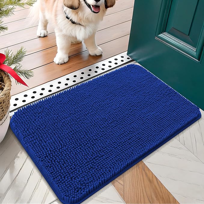 OLANLY Dog Door Mat for Muddy Paws 30x17, Absorbs Moisture and Dirt, Absorbent Non-Slip Washable Doormat, Quick Dry Chenille Mud Mat for Dogs, Entry Indoor Entryway Carpet for Inside Floor, Royal Blue