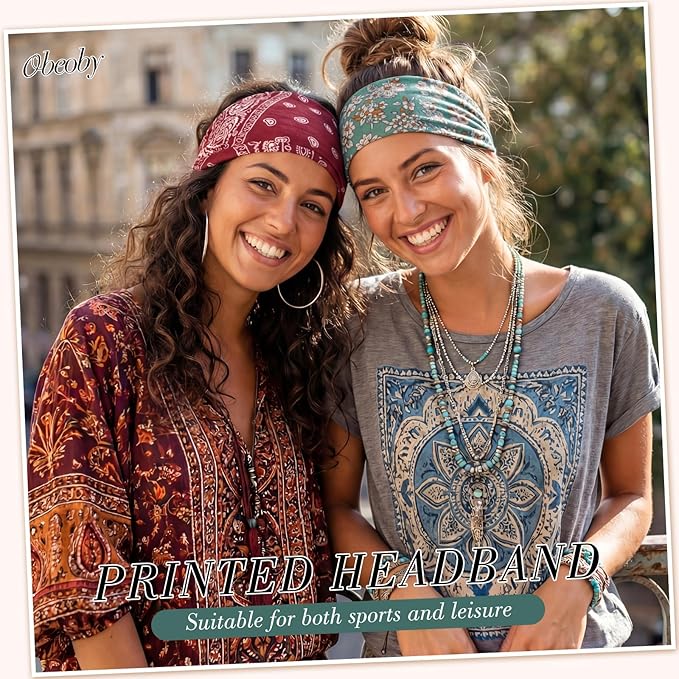 obeoby Boho Style Headbands for Women, 8 Pack Non Slip Headbands Fashion Hippie Clothes for Mom Grandmother Gift Wide Hairband Hair Wrap