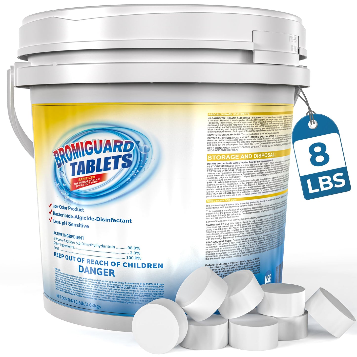 1 Inch Bromine Tablets | Brominating Chemical Sanitizer for Spas, Hot Tubs or Indoor Pools - Low Odor, Less Irritation, Pre-Stabilized, Long-Lasting, Chlorine Alternative - 8 lbs