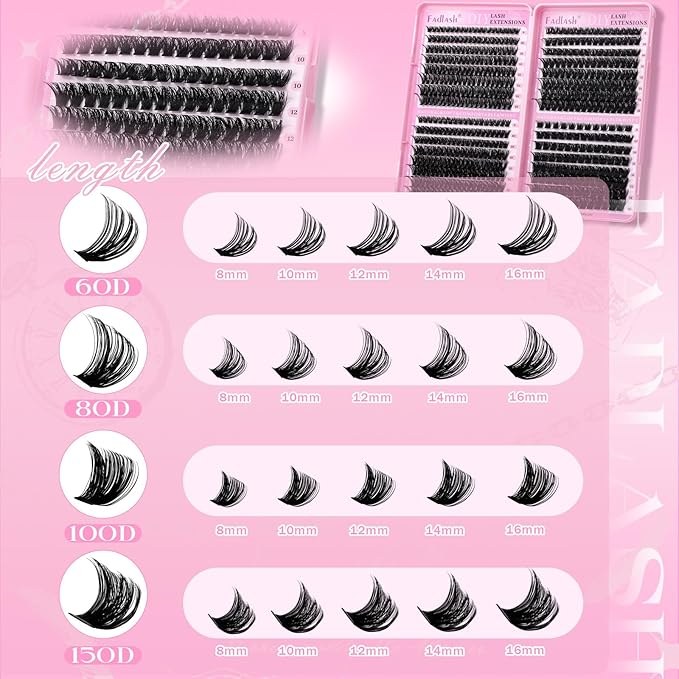 FADLASH Natural Lash Clusters 552PCS Eyelash Clusters 60D+80D+100D+150D D Curl Cluster Eyelash Extensions Soft and Fluffy for Beginners DIY at Home