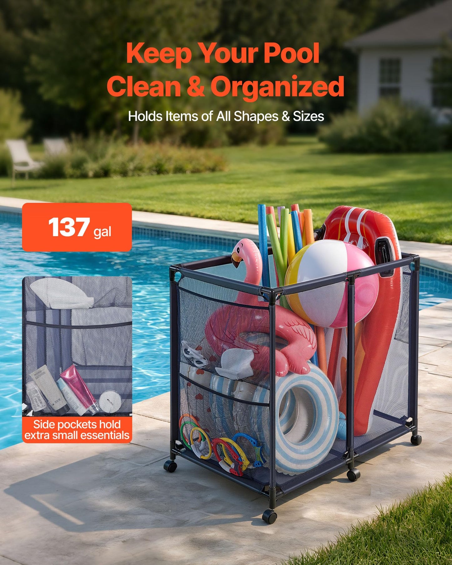VEVOR Pool Storage Bin, 36.8 x 24 x 35.6 in, Rolling Pool Float Storage Organizer with Side Pockets & Casters, Heavy Duty Metal Frame, Poolside Toys Noodles Holder Mesh Basket for Swimming Pools