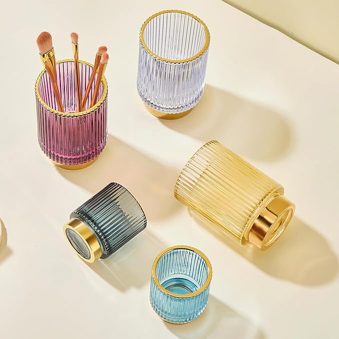 Makeup Brush Organizer, Toothbrush Holder, Desk Pen Pencil Holder, Multifunctional Vintage Glass Brush Cup (S/Gold/A3-12-US)