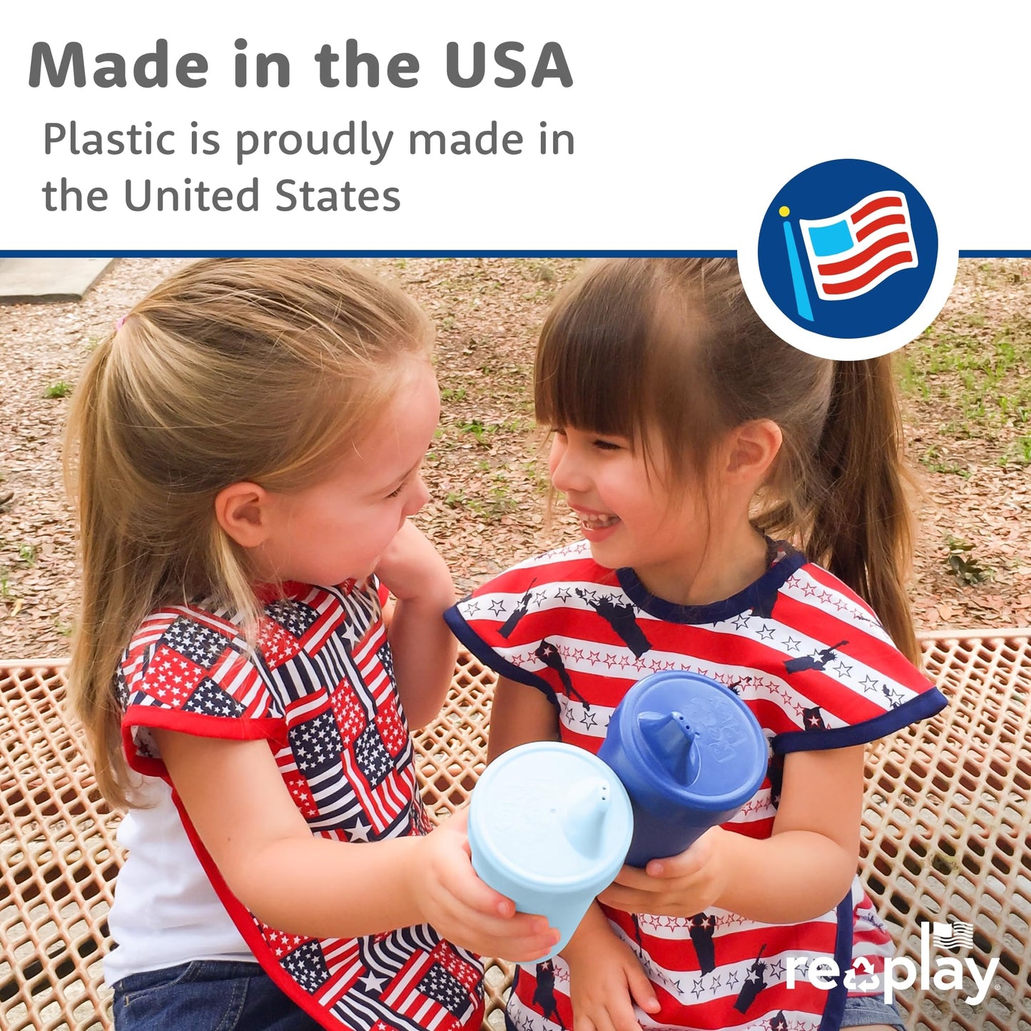 Re-Play Spill-Proof Sippy Cups for Toddlers - Kids Reusable 10 Oz Set of 3, Dishwasher & Microwave Safe, Made in USA, A True Blue