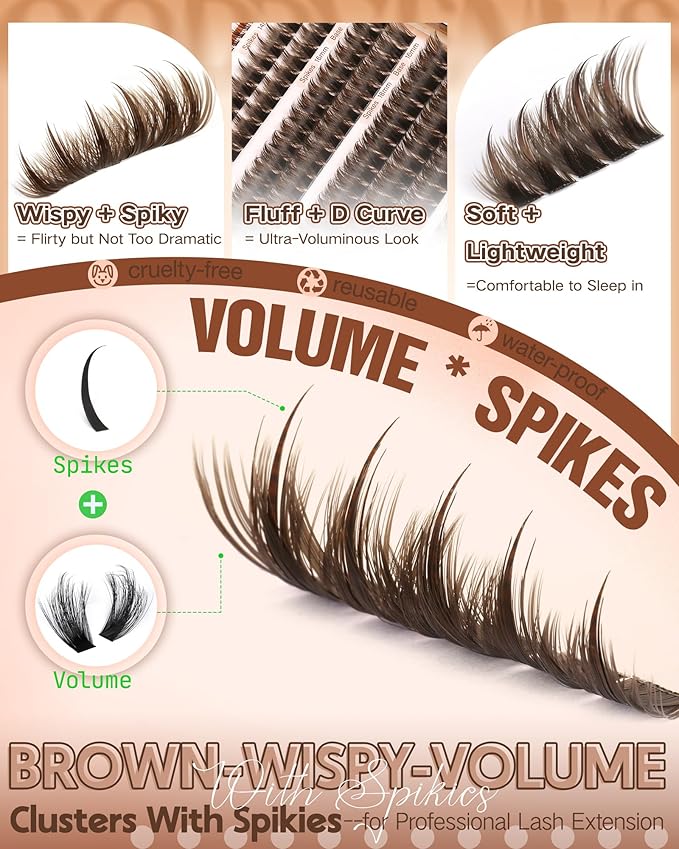 Brown Manga Lash Clusters With Spikes Wispy Cluster Eyelashes Extensions Fluffy Volume Anime Eyelash Clusters with Bottom Cluster Lashes Fairy Individual Lash Extension (D Curve 12-18mm 213 pieces)