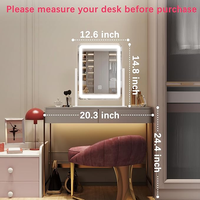 ROLOVE Vanity Mirror with Lights, 12.6"x15" LED Makeup Mirror with Lights, Smart Touch Control 3 Color Dimmable, Lighted Desk Mirror for Bedroom, Light Up Mirror