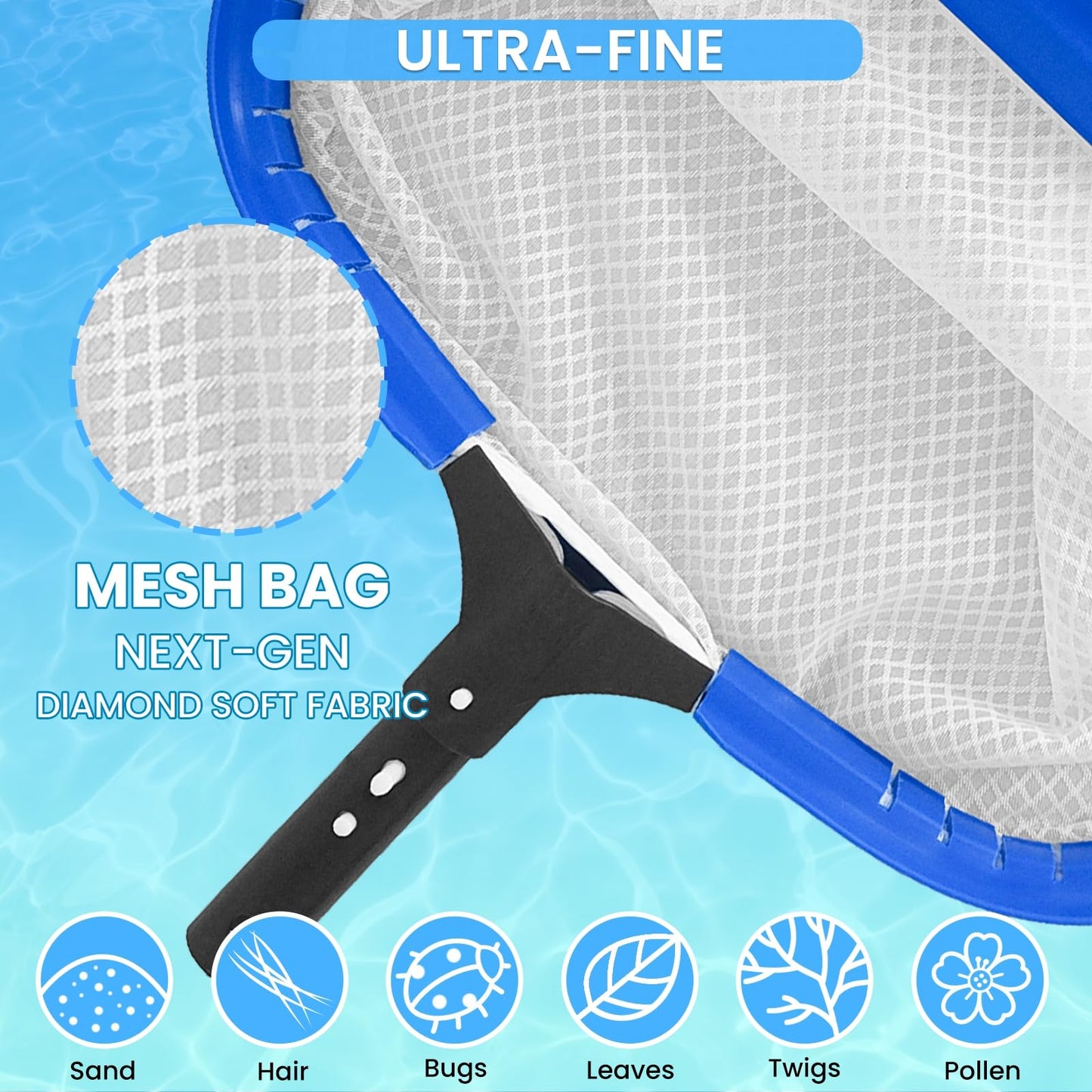Poolvio 20" Pool Net Skimmer – Heavy Duty Leaf Net with Aluminum Frame with Diamond-Pattern Ultra-Fine Soft Mesh Bag – Pool Cleaning Net for Leaves, Sand, Pollen & Small Debris (No Pole)
