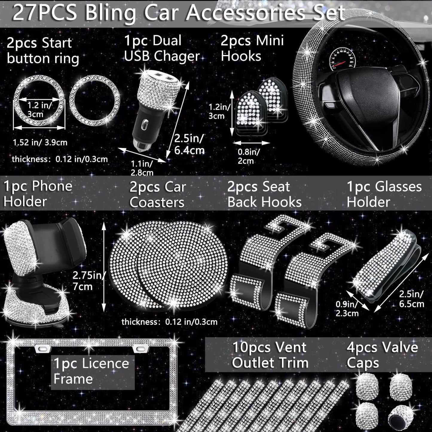 NBTEPEM 27 PCs Bling Car Accessories Set for Women, Steering Wheel Covers Universal Fit 15 Inch, Bling License Plate Frame, Bling Phone Holder, Bling Car Coasters (Silver Diamond)