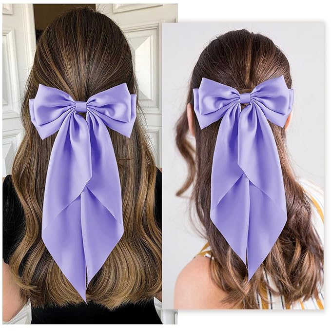 6Pcs Large Bows Hair Clips for Women Girls Long Tail Hair Ribbon Silky Satin Barrettes Coquette Hair Bows Accessories(Purple)